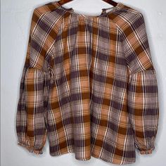 Women's Plaid Dressy Long Sleeve Crewneck Popover Top - Universal Thread Brown M Brown Fall Blouse For Day Out, Brown Blouse For Fall Day Out, Brown Blouse For Day Out In Fall, Brown Relaxed Fit Blouse For Fall, Brown Cotton Tops For Daywear, Brown Relaxed Fit Top For Daywear, Brown Spring Tops For Daywear, Brown Tops For Spring Daywear, Brown Tops For Daywear In Spring