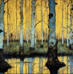 a painting of trees reflecting in the water