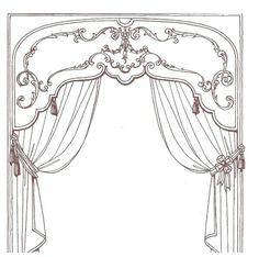 a drawing of an ornate arch with curtains