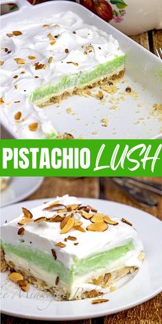 there is a piece of pistachio lush cake on the plate