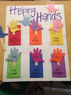 a bulletin board with handprints for helping hands