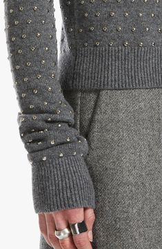 Domed studs create rich textural dimension for this woolly crewneck sweater that offers an ultracool, elevated take on a closet classic. Crewneck Long sleeves Ribbed cuffs and hem 70% wool, 30% polyamide Dry clean Imported Designer Clothing I Fall To Pieces, Vacation Accessories, Cashmere Yarn, Lace Up Ankle Boots, Wool Blend Sweater, Slip Stitch, Soft Hand, Scarf Hairstyles, Cashmere Sweater