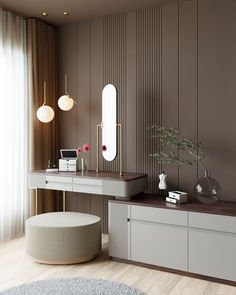 a modern dressing table with mirror, stool and vase