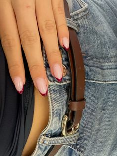 red french tips #nails #frenchtips #fall French Tip Nail Ideas Fall, Marron French Nails, Fall Nail French Tips, Fall Nail Inspo French Tip, Fall Colored French Tip Nails, Dark Orange French Tip Nails, Fall French Tips Almond, French Tip Nails Burgundy, French Tips Colour