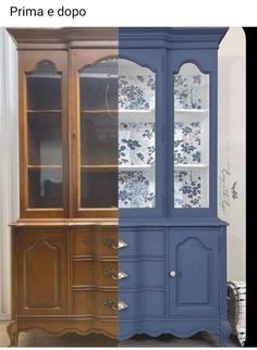 an old china cabinet has been painted blue and white