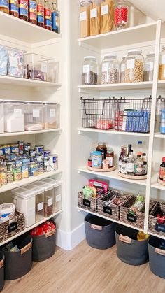 an organized pantry with baskets and food items