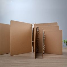 three folders are open on a table with a plant in the background and one is empty