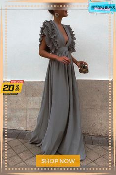 Flying Sleeves V-neck Open Back Solid Long Flowy Dress Chic Gray V-neck Maxi Dress, Flowy V-neck Maxi Dress For Cocktail, Summer Evening V-neck Maxi Dress, Gray V-neck Dress For Date Night, Spring Evening V-neck Dress, Fitted Gray V-neck Maxi Dress, Flowy V-neck Evening Dress, Elegant Gray V-neck Dress, Gray Summer Dress For Date Night