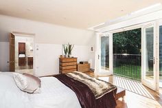 a bedroom with sliding glass doors leading to the outside