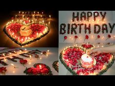 a heart shaped cake with candles and roses on it, surrounded by the words happy birthday