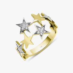 A unique star ring design with 8 gold and diamond stars. This piece is handcrafted from gleaming 14k solid gold and features round-cut diamonds.★ Ring Features • Gold Kt: 14K Solid Gold - (all pieces will be stamped for authenticity)• Available Gold Colors: Yellow Gold, White Gold, Rose Gold• Total Diamond Weight: 0.16 carat• Diamond Color-Clarity: G Color VS2 Clarity• We only work with real natural diamonds• We offer a signed certificate with each ring for the authenticity of the diamonds• Face Celestial Yellow Gold Diamond Ring In Star Shape, Celestial Yellow Gold Star-shaped Diamond Ring, Celestial Star-shaped Yellow Gold Diamond Ring, Star-shaped Yellow Gold Diamond Ring, 14k Gold Celestial Diamond Ring In Star Shape, Luxury Star-shaped Rings With Single Cut Diamonds, 14k Gold Celestial Diamond Ring With Star Shape, 14k Gold Star-shaped Diamond Ring, Gold Star-shaped Diamond Ring