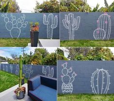 several pictures of different types of cactus plants on the side of a wall with chalk drawings