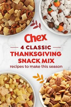 four different types of chex thanksgiving snack mix