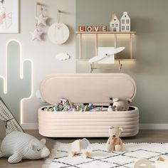 a child's room with toys and decor on the floor, including a toy chest