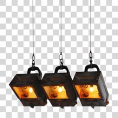 three lights hanging from the ceiling with no lighting on them, and one is yellow