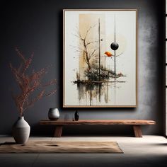 a painting hanging on the wall next to a table with vases and plants in it