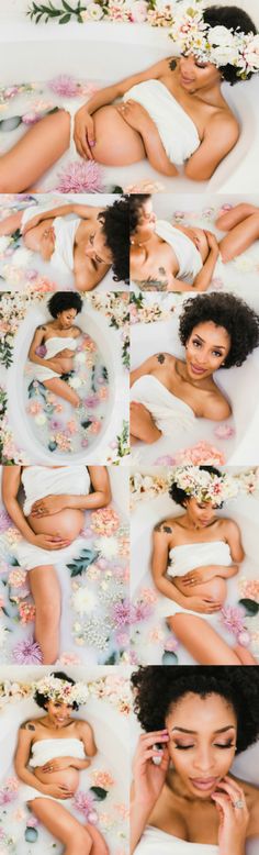 a woman laying in a bathtub with flowers around her