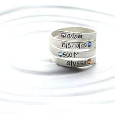 Birthstone Wrap Rings - Sterling Silver Mother's Ring - Four Name Mother's Ring - Personalized Hand Hand Stamped Sterling Silver Engraved Ring As Gift, Hand Stamped Sterling Silver Engraved Ring, Personalized Sterling Silver Open Ring Jewelry, Sterling Silver Open Band Engraved Ring Gift, Hand Stamped Ring For Anniversary, Sterling Silver Stackable Signet Ring As Gift, Stackable Sterling Silver Signet Ring As Gift, Adjustable Sterling Silver Engraved Ring, Nickel Free, Adjustable Sterling Silver Nickel-free Signet Ring