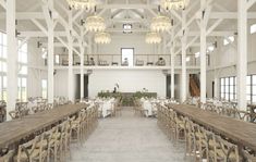 an empty dining hall with tables and chairs in the center, chandeliers hanging from the ceiling