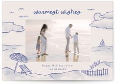 a card with an image of two people and a child on the beach holding hands