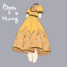 a drawing of a woman in a yellow dress with the words bees and humpy on it