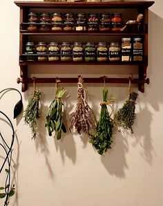 herbs are hanging on the wall in front of a shelf with jars and spoons