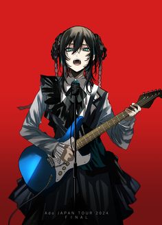 an anime character holding a guitar and singing into a microphone