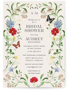 the floral bridal shower party is shown in red, white and blue flowers with butterflies