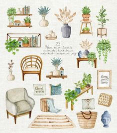 a watercolor drawing of various house plants and furniture