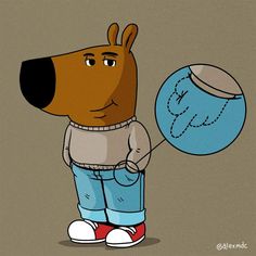 a cartoon dog holding a blue ball with the letter e on it's face