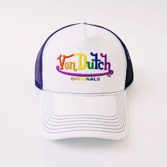 DEADSTOCK VON DUTCH CAP, STILL WITH TAGS AND ORIGINAL PACKAGING 100% AUTHENTIC, BRAND NEW WITH TAGS. vintage rainbow and white Von Dutch cap / Von Dutch Cap / Von Dutch trucker cap.  embroidered classic rainbow Von Dutch logo on front. 90s Y2K Cap FULLY TRACKABLE SHIPPING SERVICE. UK AND WORLDWIDE SHIPPING. Von Dutch Pink Velvet Hat, Multicolor Snapback Hat With Letter Print, Multicolor Curved Brim Hat With Letter Print, Multicolor Baseball Cap With Letter Print, Multicolor Letter Print Baseball Cap, Adjustable Multicolor Trucker Baseball Cap, Multicolor Letter Print Snapback Trucker Hat, Von Dutch Cap, Casquette Von Dutch