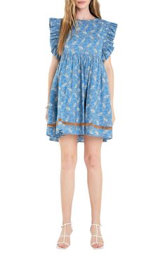 Contrasting ladder embroidery above the hem adds a pop of color to a ruffle-trimmed minidress in a classic paisley pattern. Hidden back-zip closure Jewel neck Cap sleeves Lined 100% cotton Hand wash, dry flat Imported Blue Casual Mini Hem Dress, Ruffle Sleeve Mini Dress For Daywear, Casual Mini Dress With Ruffle Sleeves, Casual Lined Mini Dress, Casual Mini Hem Lined Dress, Casual Cotton Paisley Print Dresses, Blue Dresses With Embroidered Hem, Casual Mini Dress With Embroidered Hem For Spring, Casual Summer Mini Dress With Embroidered Hem