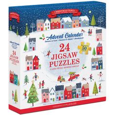 the 24 jigsaw puzzles are packed in a christmas themed box with trees and houses