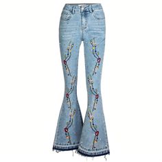 WickedAF Clemenza Flare Jeans Mid-rise Embroidered Flare Jeans For Fall, Embroidered Mid-rise Flare Jeans For Fall, Fall Embroidered Denim Flare Jeans, Embroidered Denim Flare Jeans For Fall, Spring Embroidered Wide Leg Flare Jeans, Embroidered Wide Leg Flare Jeans For Spring, Bohemian Flare Denim Jeans, Fall Blue Bottoms With Floral Embroidery, Blue Floral Embroidery Bottoms For Fall