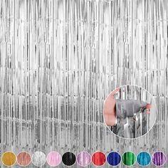 metallic foil curtain with different colors and sizes in front of an image of the background