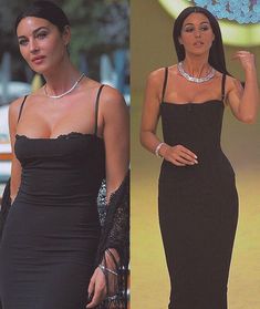 two women in black dresses one wearing a necklace and the other showing off her cleavage