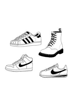 four different types of shoes are shown in black and white