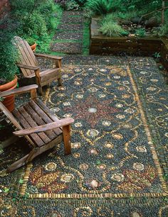 an instagram with two wooden chairs and a rug on the ground in front of trees