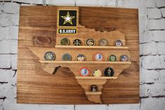 Rustic Wooden Handmade American Challenge Coin Flag Display. Almost every State is possible. Texas, Kansas, Georgia, Florida, Montana etc. The logos engraved on the piece are hand painted as long as it is possible. We engrave almost every Military, Police, Fire or EMS/EMT logo onto our flags and Displays. Beautiful Challenge Coin Flag 100% Made in the USA We offer this flag stained in light walnut for the state shape and dark walnut for the back plate. The amount of coins fitting on the piece de Emt Logo, Military Coin Display, Military Coins, Challenge Coin Display, Military Logo, Rustic American Flag, Flag Display