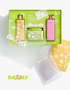 an assortment of personal care products in a green box with the words dazzlely printed on it