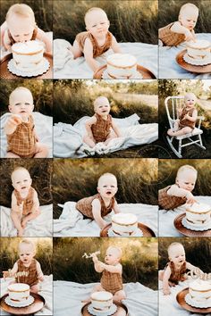 a collage of baby pictures with cake