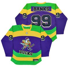 Adam Banks Ducks #99 Hockey Jersey Throwback College Jersey With Team Logo, College Throwback Jersey With Team Logo, Throwback Team Jersey For Sports Season, Throwback Team-colored Jersey For Sports Season, Throwback Sports Jersey With Team Logo For Events, Throwback Team Logo Jersey For Sports Season, Throwback Jersey With Team Logo, Throwback Crew Neck Jersey With Team Logo, Three Stripes Jersey For Streetwear