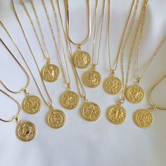 Zodiac coin necklace. Wear it on it's own or layer it. Pendant details: * Material: non tarnish gold filled, CZ* Measurements: 1'H 0.7'W Chain length: 18' + 2' extenderChain: non tarnish gold filledComes in our gift ready packaging: vegan leather pouch for safe jewelry storing and branded box ZODIAC DATES:Aries: March 21-April 19Taurus: April 20-May 20Gemini: May 21-June 20Cancer: June 21-July 22Leo: July 23-August 22Virgo: August 23-September 22Libra: September 23-October 22Scorpio: October 23- Gold Zodiac Sign Coin Necklace, Gold Coin Necklace With Zodiac Sign, Zodiac Dates, 21 June, 23 September, 23 August, 21 July, Zodiac Necklace, September 23