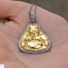 "Pave Diamond Buddha Pendant, 925 Silver Pendant Necklace, Gold Vermeil Jewelry, Laughing Buddha Pendant, Diamond Silver Pendant, 16\" Chain Gross Weight: 8.75 gram Diamond Weight: 1.20 cts Pendant Size: 42X31 MM NOTE:- All The Products Are Designed And Manufactured In My Workshop By Me & My Team. Shown Products Are Purely Handmade. Custom Orders Are Open Handly Accepted. We Are Perfect Choice For Any Custom Jewelry Manufacturing. For Bulk Orders Please Message me. Visit My Store For More Of Jewelry Manufacturing, Pendant Diamond, Gold Vermeil Jewelry, Laughing Buddha, Pendant Necklace Gold, Buddha Pendant, Ruby Pendant, Emerald Pendant, Sapphire Pendant