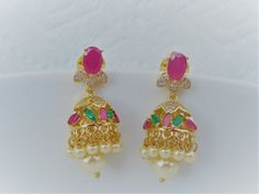 Ruby Jumka, Emerald Jhumkas, South Indian Jhumka, Gold Jhumkas, Indian Jhumka, Jewelry Ad, Gold Jhumka, Jewellery Bridal, Gold Money