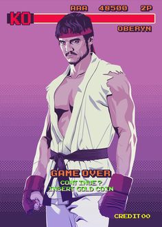 the poster for an upcoming video game, featuring a man in white shirt and purple shorts