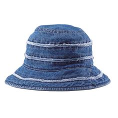 Petite Denim Cloche Hat with Frayed Stripes for Small Heads Affordable Denim Blue Hats For Spring, Cheap Adjustable Denim Blue Hats, Summer Denim Hat In Medium Wash, Denim Bucket Hat For Summer, Summer Denim Bucket Hat With Curved Brim, Spring Wide Brim Bucket Hat In Medium Wash, Summer Denim Brimmed Hat, Denim Blue Bucket Hat For Summer, Summer Adjustable Denim Hat