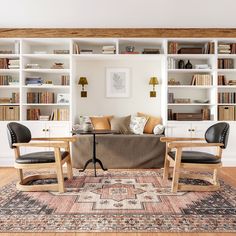 a living room filled with furniture and lots of bookshelves on top of it