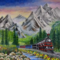 a painting of a train traveling through the mountains