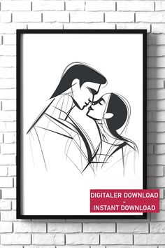 a black and white drawing of two people kissing in front of a brick wall